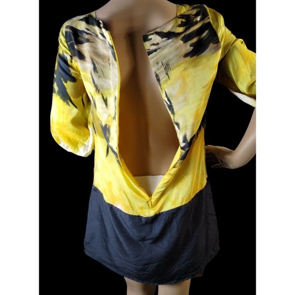 100% Silk Cocktail Dress Size XS Pockets Statement Avant Garde Graphic Yellow - Picture 7 of 13